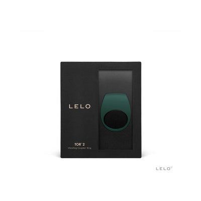Lelo Tor 2 vibrating couples’ ring in dark green displayed in sleek black packaging with gold lettering.