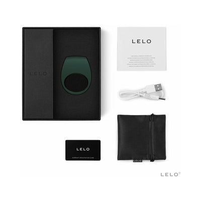 Lelo Tor 2 vibrating ring in black box with USB charger, satin pouch, warranty card, and user manual on white background.