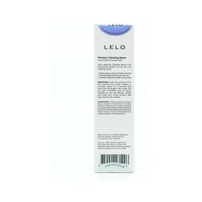 Back view of LELO Toy Cleaning Spray 60 mL box showing product details and ingredients list.