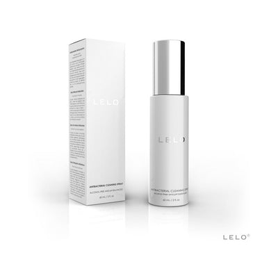LELO antibacterial cleaning spray bottle and packaging in white with silver cap, 60 mL size, alcohol-free formula.