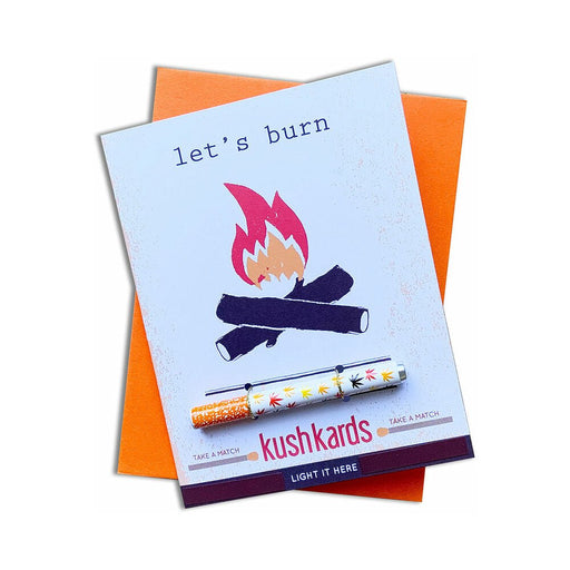 Let's Burnone Hitter Kard with campfire illustration, multicolored metal one-hitter pipe, and orange envelope.