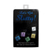 Set of five colorful metallic dice with playful text on black card reading Let's Get Slutty adult game for two or more players