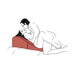 Illustration of a couple using a plum-colored Liberator Flip Ramp pillow for comfortable intimate positioning on a bed.