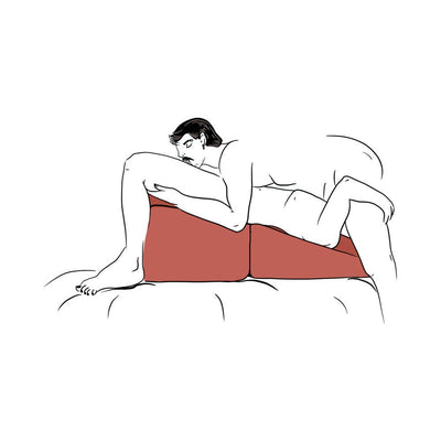Illustration of two people using a plum-colored Liberator Flip Ramp pillow for support in an intimate position on a bed.