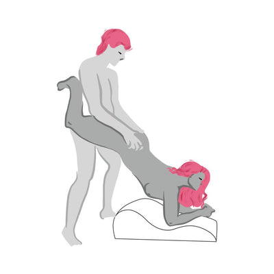 Illustration of two figures demonstrating a supported intimate position using the contoured Liberator Hipster Merlot pillow.