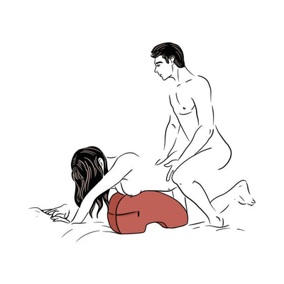 Illustration of a couple using the black Liberator Pulse Toy Mount for support and comfort in an intimate position.