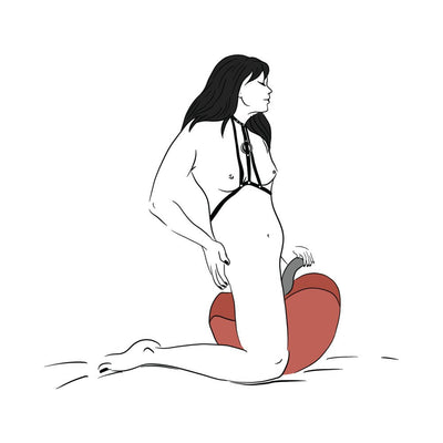 Illustration of a person kneeling and straddling a red Liberator Pulse Toy Mount designed for ergonomic support and hands-free use.