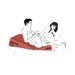 Illustration of a couple using a red Liberator Wedge and Ramp combo cushion for comfortable intimate positioning on a bed.