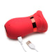 Red silicone clitoral stimulator with kissing mouth design and USB charging cable on white background.