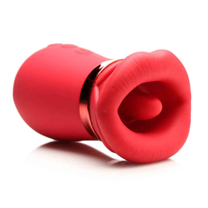 Red silicone clitoral stimulator shaped like soft, kissing lips with a vibrating tongue inside, designed for suction and vibration.