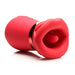 Red silicone clitoral stimulator shaped like soft, kissing lips with a vibrating tongue inside, designed for suction and vibration.