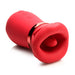 Red silicone clitoral stimulator with soft kissing lips and vibrating tongue, featuring control buttons and a metallic accent ring.
