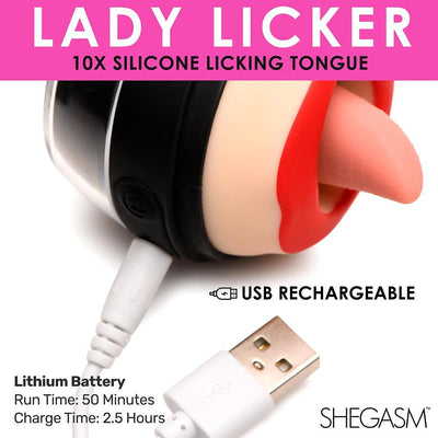 Lickgasm Lady Licker clitoral stimulator with red lips and textured silicone tongue, shown with USB charging cable.