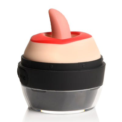 Compact clitoral stimulator with soft pink textured tongue and red lip-shaped silicone top on black and clear base.