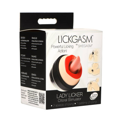 Lickgasm Lady Licker clitoral stimulator packaging showing product image and features with multilingual text.
