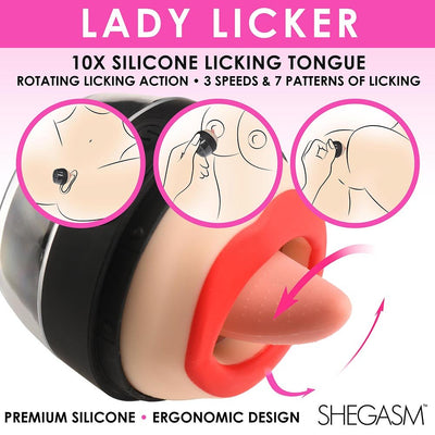 Lickgasm Lady Licker clitoral stimulator with rotating silicone tongue and red lips, shown with usage illustrations.