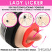 Lickgasm Lady Licker clitoral stimulator with rotating silicone tongue and red lips, shown with usage illustrations.