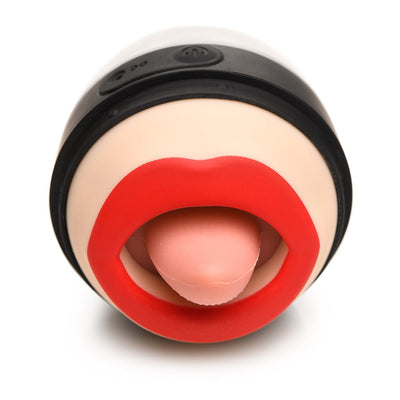 Compact clitoral stimulator with red lips and textured pink silicone tongue, featuring control buttons on black base.