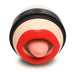 Compact clitoral stimulator with red lips and textured pink silicone tongue, featuring control buttons on black base.