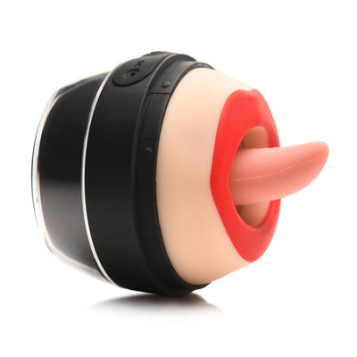 Compact clitoral stimulator with red lips and soft pink tongue, featuring black base and control buttons.
