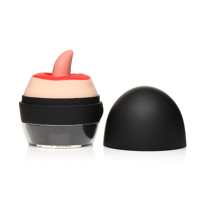 Lickgasm Lady Licker clitoral stimulator with red lips and pink tongue, black protective cap beside it on white background.