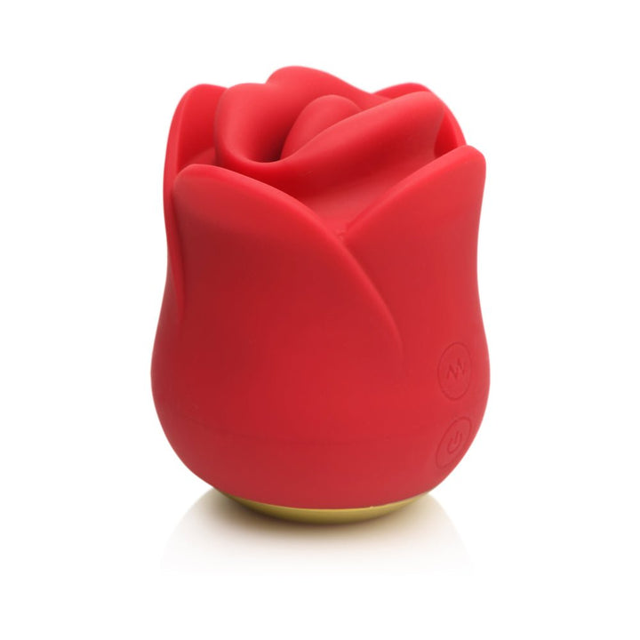 Compact red silicone clitoral stimulator shaped like a rose with control buttons on the side.