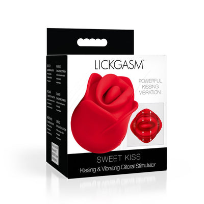 Packaging of Lickgasm Sweet Kiss clitoral stimulator shaped like a red rose with powerful kissing vibration feature.