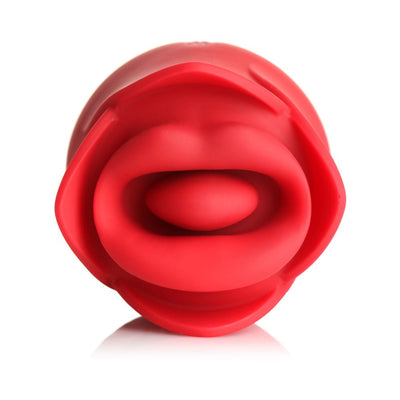 Red silicone clitoral stimulator shaped like soft lips with a central vibrating tongue feature.