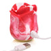 Red and white marbled silicone rose-shaped clitoral stimulator with USB charging cable connected.