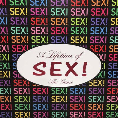 Colorful repeating "SEX!" text pattern with a white oval in the center displaying "A Lifetime of SEX! The Game" on the box cover.