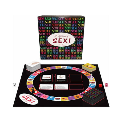 A Lifetime of Sex board game with colorful game board, cards, dice, and markers displayed alongside the game box.
