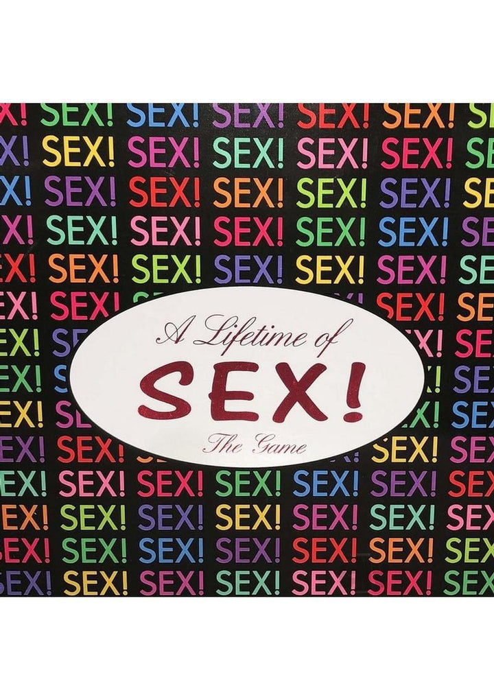 Colorful repeating text "SEX!" on black background with white oval in center reading "A Lifetime of SEX! The Game"
