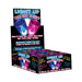 Display box of light-up novelty shot glasses in blue, magenta, and black with playful party-themed packaging.