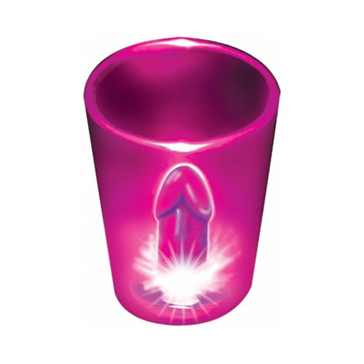 Magenta light-up novelty shot glass with playful design and glowing base for festive party use.