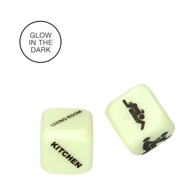 Glow in the dark dice showing playful location and position options for romantic games.