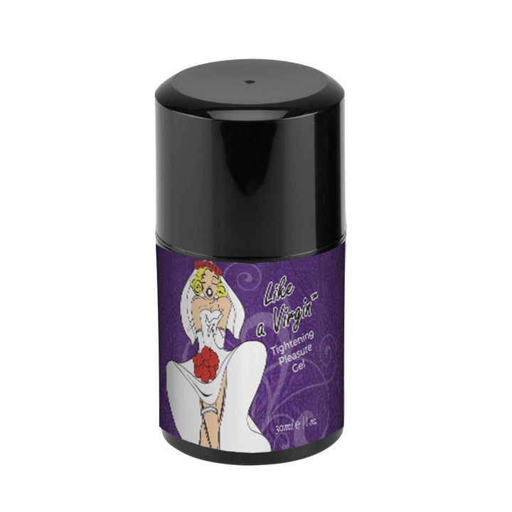 Bottle of Like A Virgin Tightening Pleasure Gel with purple label featuring a cartoon bride illustration, 1 oz size.