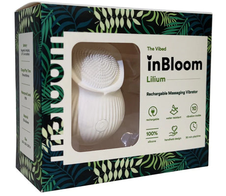 In Bloom Lilium rechargeable white silicone massaging vibrator in green and black leafy patterned packaging with product features.