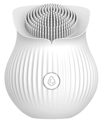 White silicone massaging vibrator with soft bristles and ergonomic ribbed design, shaped like a blooming flower.