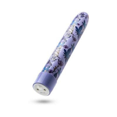 Slimline blue vibrator with floral pattern and USB rechargeable base, designed for customizable vibration settings.