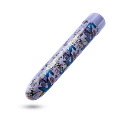 Slim 7-inch rechargeable vibrator in blue with floral pattern and smooth rounded tip.