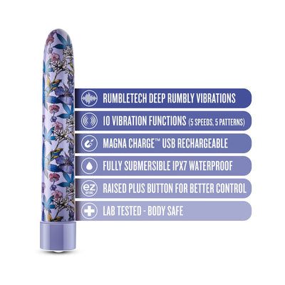 Blue floral patterned slimline vibrator with feature icons highlighting deep vibrations, USB rechargeability, waterproof design, and easy control button.