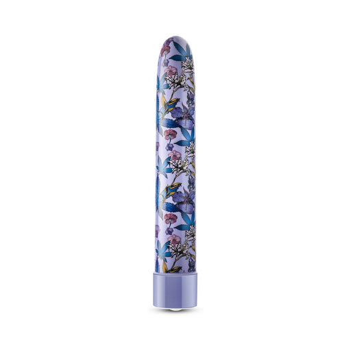 Slimline 7-inch rechargeable vibrator in blue with floral pattern and smooth rounded tip.