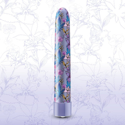 Slim 7-inch rechargeable vibrator in blue with floral and leaf pattern design on a matching floral background.
