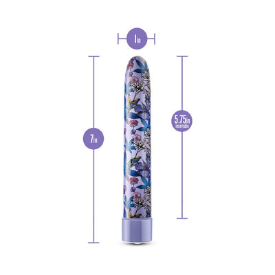 Slim 7-inch blue vibrator with floral pattern, 1-inch diameter, 5.75-inch insertable length, and smooth rounded tip.