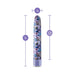 Slim 7-inch blue vibrator with floral pattern, 1-inch diameter, 5.75-inch insertable length, and smooth rounded tip.