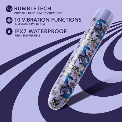 Blue floral patterned slim vibrator with 10 vibration settings and waterproof design on purple background.