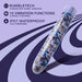 Blue floral patterned slim vibrator with 10 vibration settings and waterproof design on purple background.
