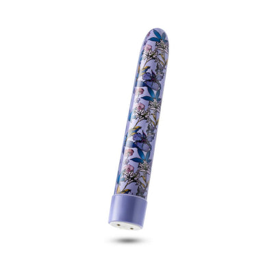 Slimline blue vibrator with floral pattern and rounded tip, featuring a smooth finish and a solid base.