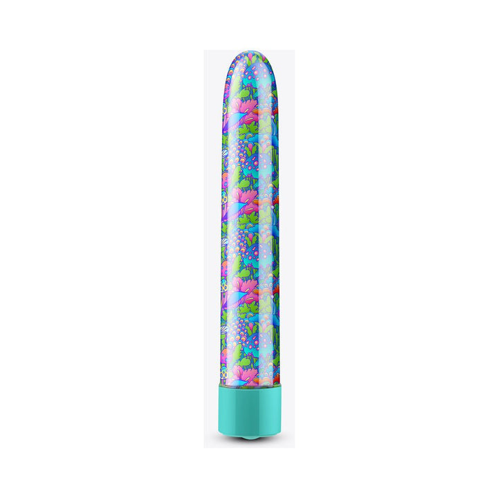 Slim 7-inch vibrator with vibrant floral and abstract pattern and turquoise base.