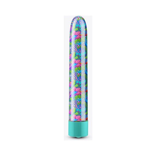 Slim 7-inch vibrator with vibrant floral and abstract pattern and turquoise base.